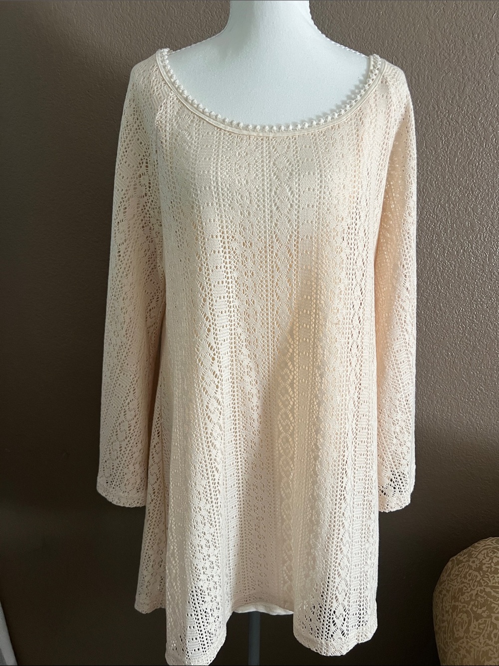 EARTHBOUND Cream Crochet Long Sleeve Tunic Dress
